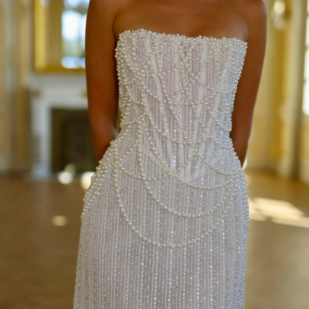 PEARL BEADED MINI DRESS - STRAPLESS CORSET BRIDAL AFTER-PARTY - Image 4